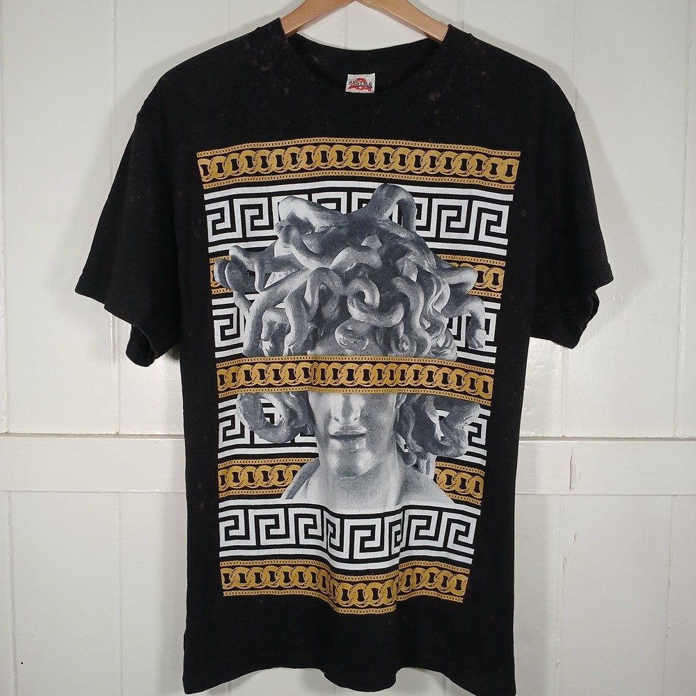 Medusa Greek Gold Chain Graphic T-Shirt Acid Bleach Wash Men Large Black Alstyle